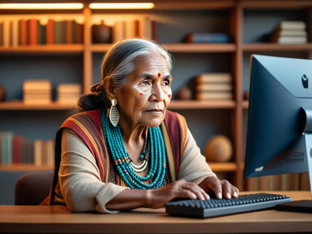 Una anciana indígena con marcadas facciones, rodeada de cultura ancestral y tecnología moderna, preserva lenguas indígenas en la era digital