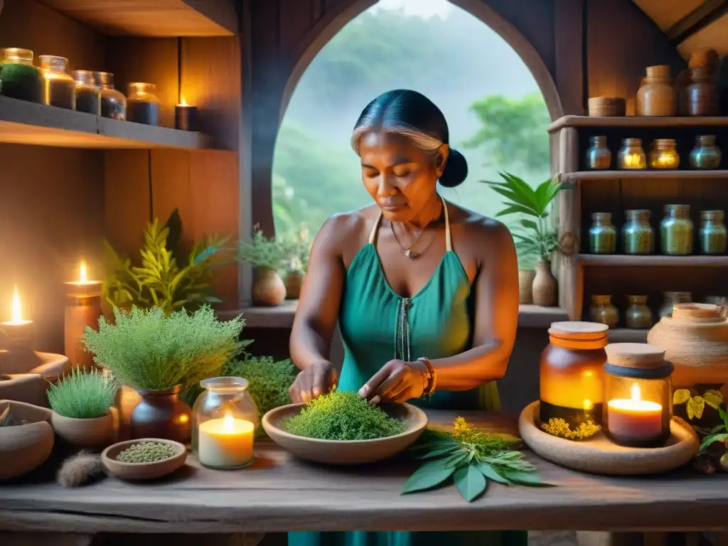 Anciana indígena preparando medicina natural de indígenas americanos en cabaña rústica iluminada por velas