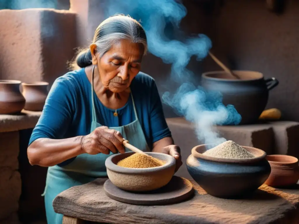 Una anciana indígena muele maíz en un metate, con atole mexicano y canela en una cocina iluminada, evocando la historia del atole mexicano