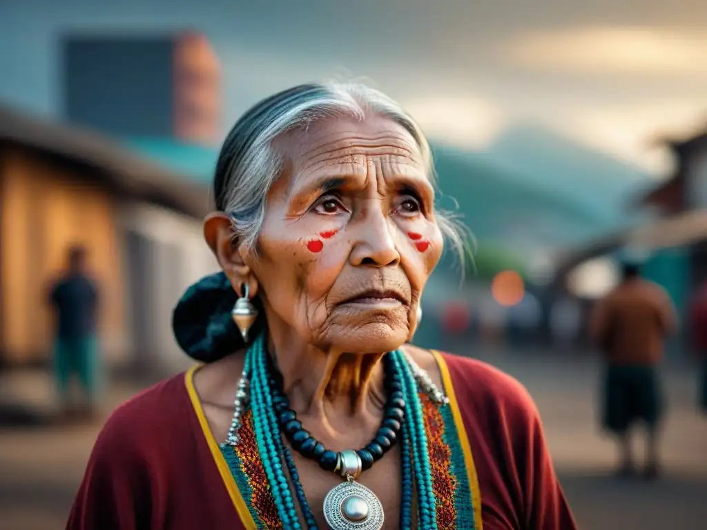 Anciana indígena con mirada resiliente y tristeza, vistiendo atuendo tradicional