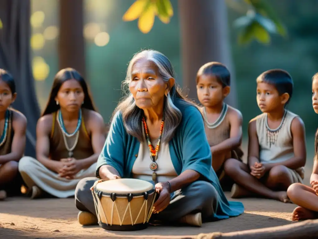 Una anciana indígena transmite narrativas musicales a niños con atención en un círculo al aire libre