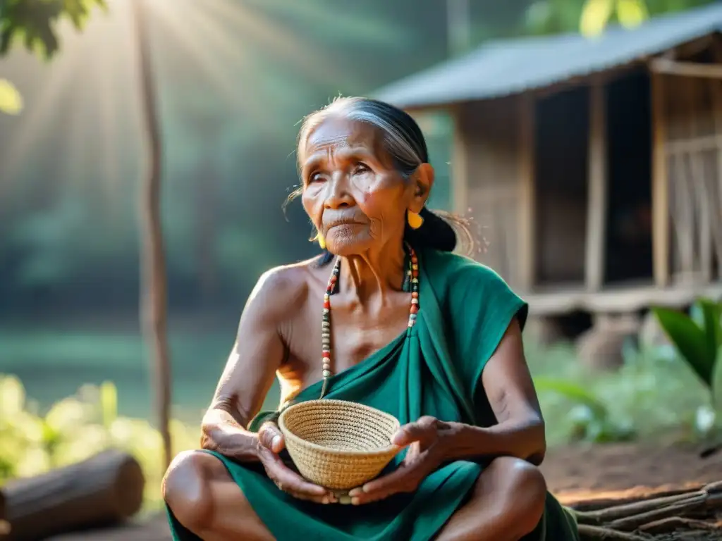 Anciana indígena reflexiona en la naturaleza, transmitiendo sabiduría y conexión cultural