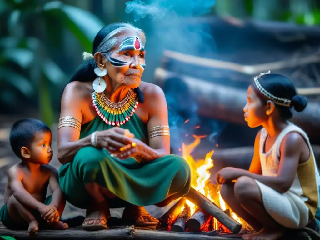 Anciana indígena relata ante niños alrededor del fuego en la selva amazónica, destacando la tradición de la 'Memorización en la Oralidad Indígena'