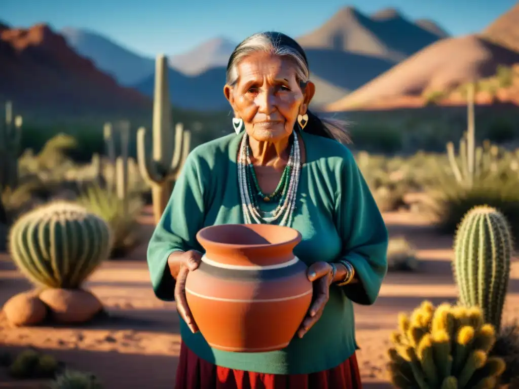 Anciana indígena con olla de cerámica en desierto soleado, simbolizando el impacto de la repatriación en comunidades indígenas