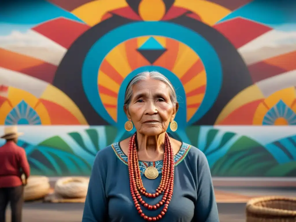 Una anciana indígena se para orgullosa frente a un mural vibrante que visibiliza luchas indígenas en medios