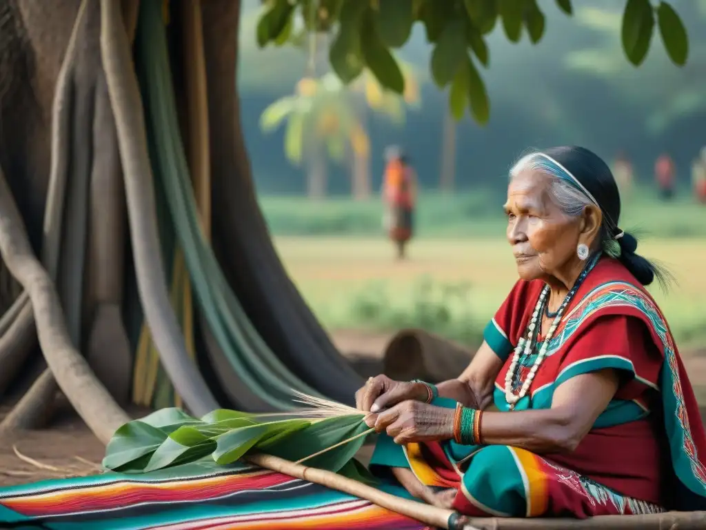 Una anciana indígena teje un patrón vibrante en un textil tradicional, rodeada de naturaleza exuberante, con niños observando con respeto y curiosidad