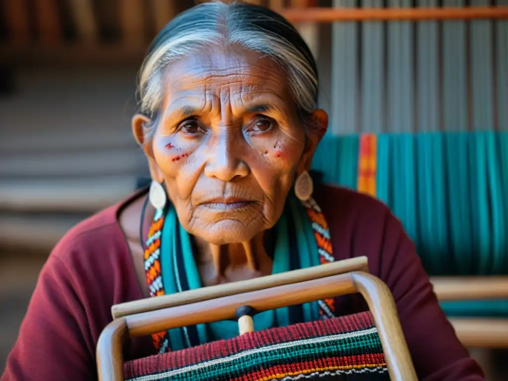 Una anciana indígena tejiendo patrones coloridos en un telar tradicional, representación indígena en medios comunicación