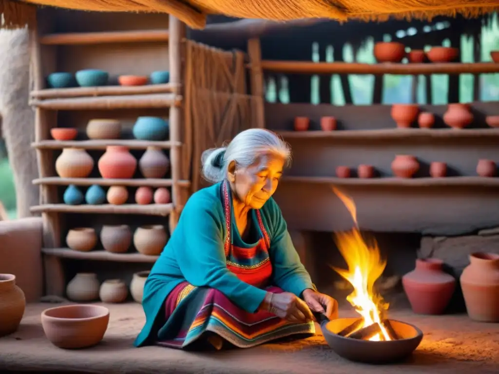 Anciana indígena teje patrones en textil tradicional junto al fuego en una choza de adobe, rodeada de lenguas en peligro indígenas