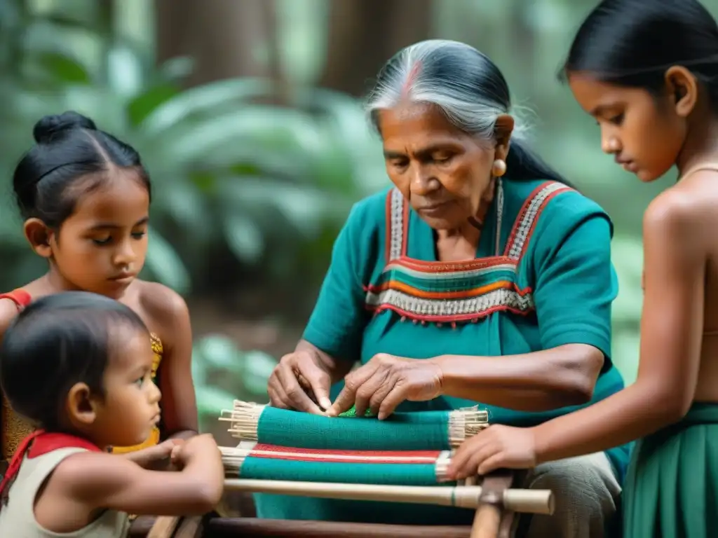 Anciana indígena teje patrones vibrantes con jóvenes aprendiendo, en un bosque