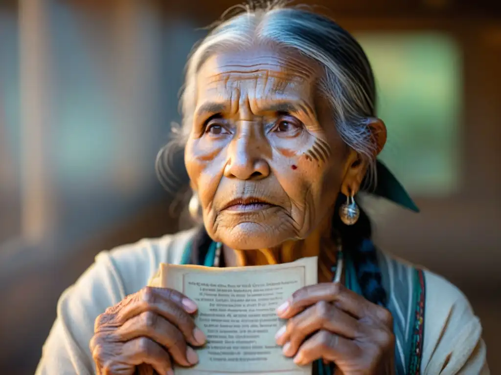 Una anciana indígena sostiene un pergamino con un poema en su idioma nativo