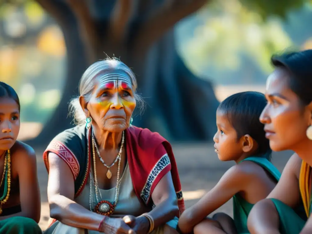 Una anciana indígena con pintura facial tradicional y un colorido chal tejido, contando historias bajo un árbol a niños atentos