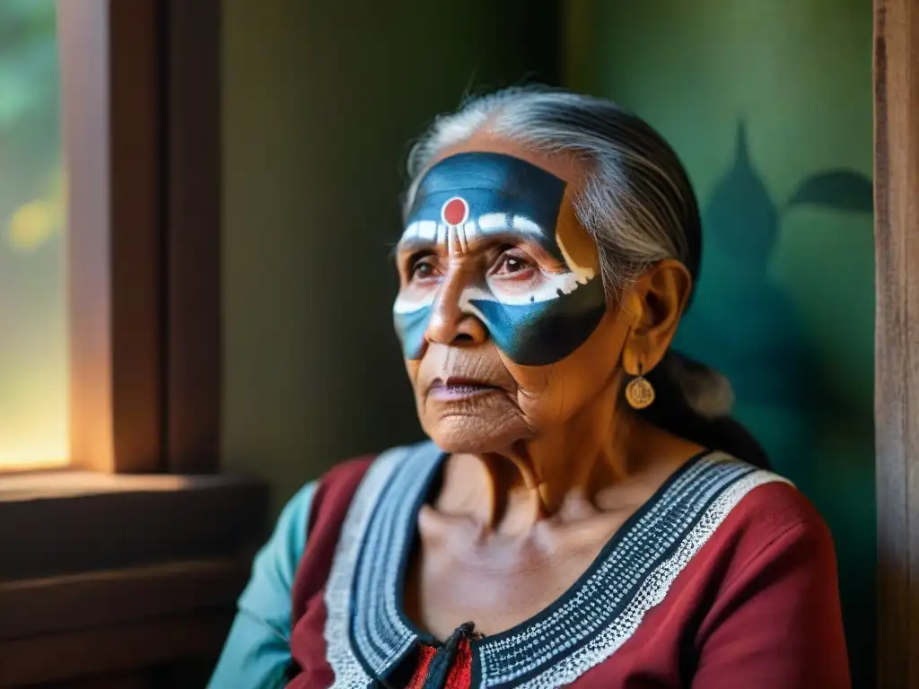 Anciana indígena con pintura facial tradicional, rodeada de libros y fotos antiguas, reflejando el impacto emocional de perder lengua