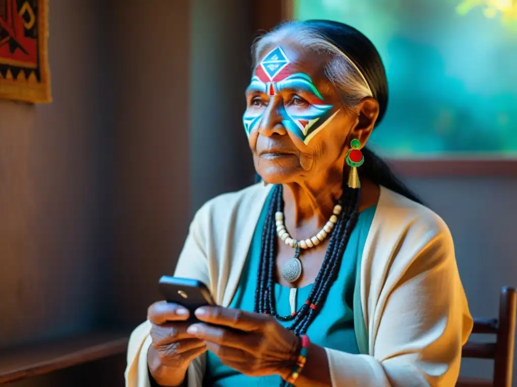 Anciana indígena con pintura facial y atuendo tradicional, usando una app de preservación de lenguas indígenas en su smartphone