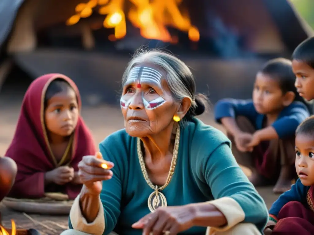 Una anciana indígena con pintura tribal detallada cuenta historias junto al fuego, rodeada de niños atentos en vestimenta tradicional