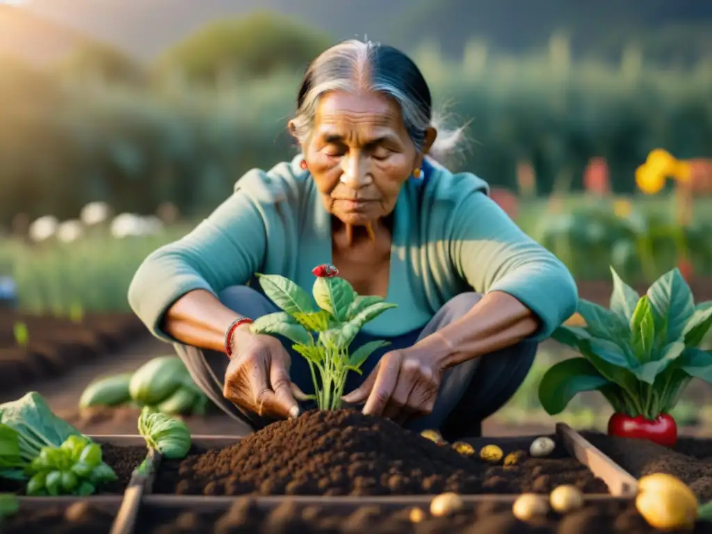 Una anciana indígena planta semillas en un huerto comunitario, simbolizando la resistencia indígena y la soberanía alimentaria