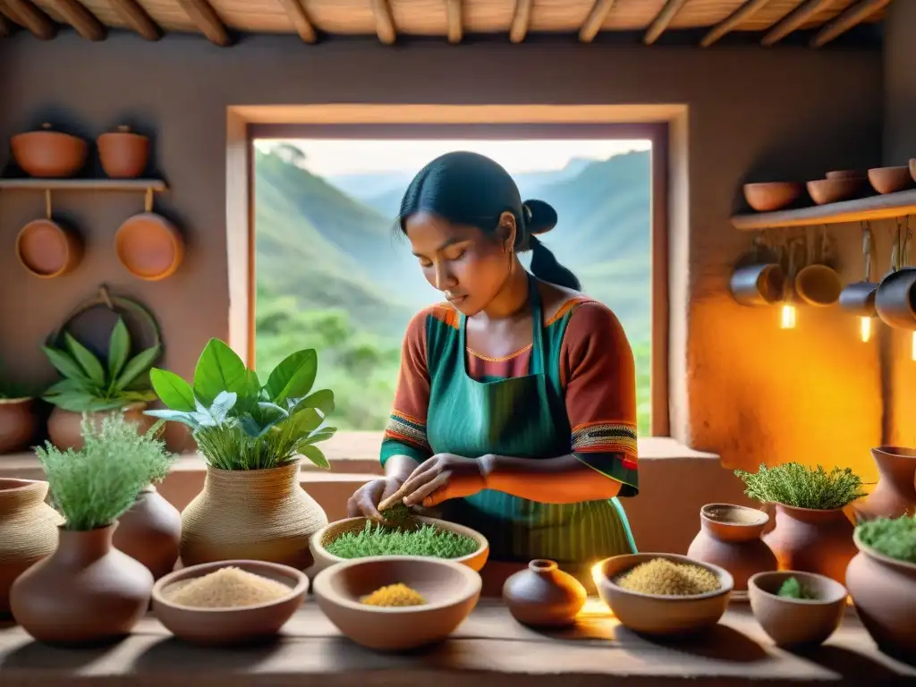 Una anciana indígena elige plantas medicinales en una cocina tradicional, iluminada por el sol