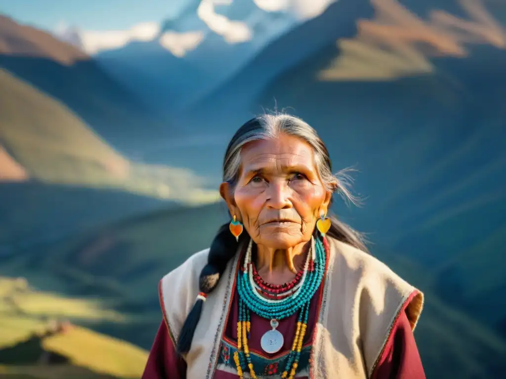 Una anciana indígena Quechua en vestimenta tradicional, con un rostro curtido que irradia sabiduría y resiliencia, frente a los majestuosos Andes