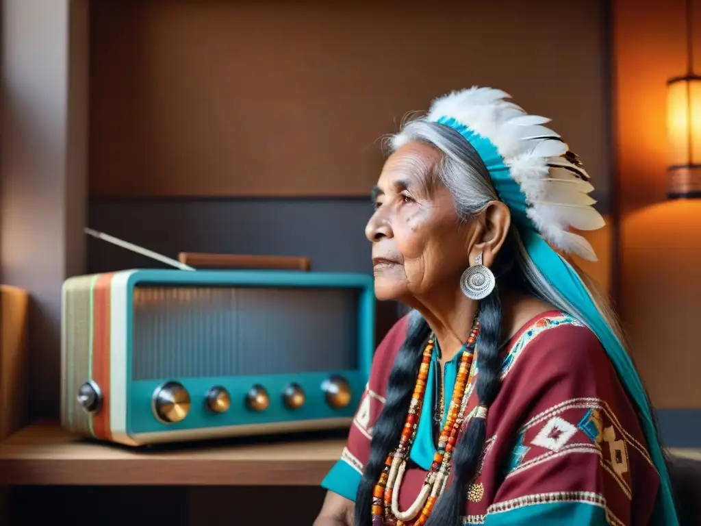 Una anciana indígena escucha atentamente la radio en un estudio cultural