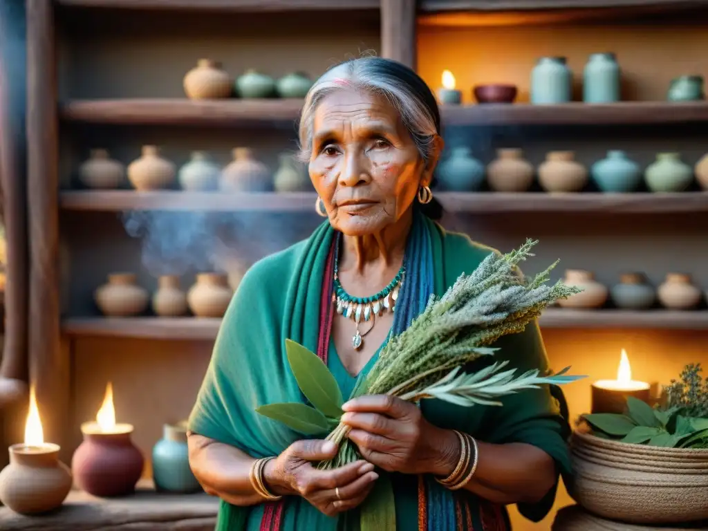 Una anciana indígena realiza un ritual de limpieza con hierbas mientras el humo de la salvia danza a su alrededor en una choza tradicional