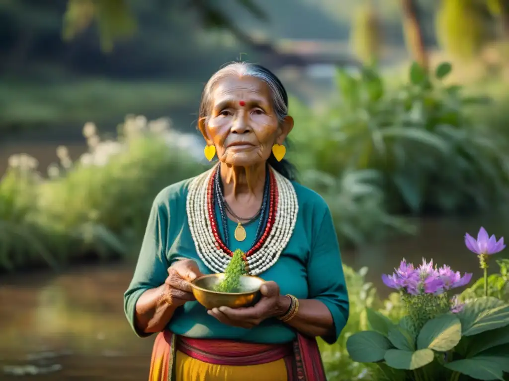 Anciana indígena realiza rituales de limpieza en la naturaleza