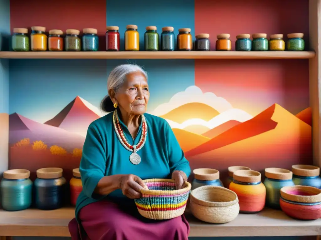 Una anciana indígena tejiendo con determinación, rodeada de colores y tradiciones, reflejando la autodeterminación de culturas indígenas