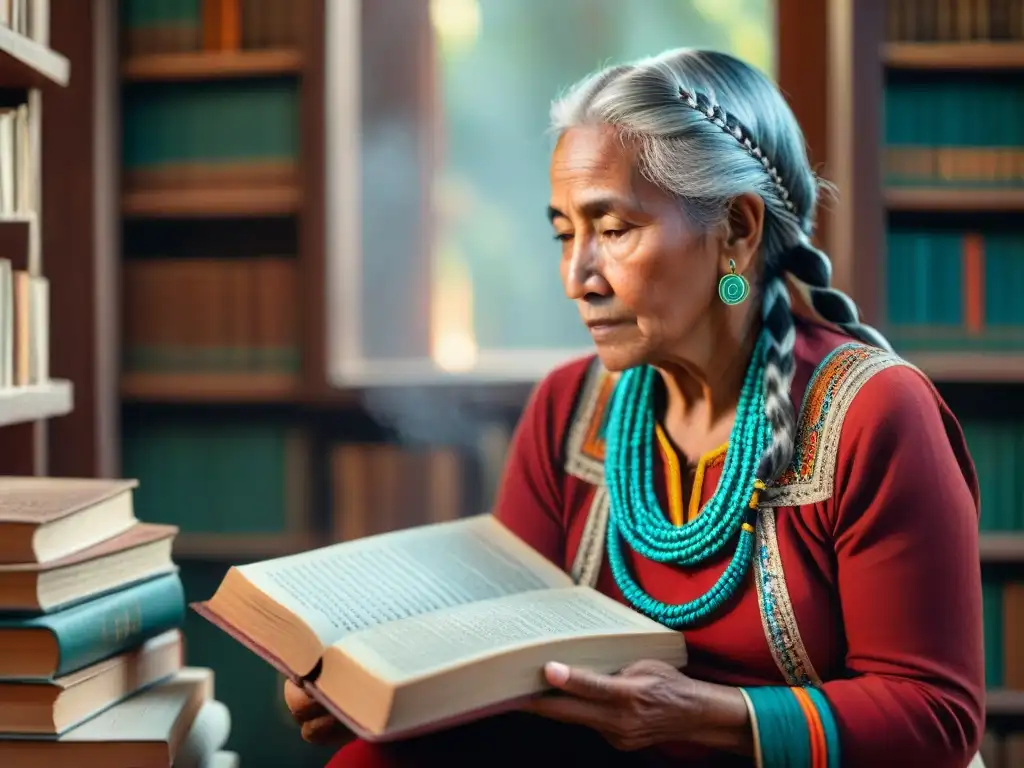 Una anciana indígena rodeada de libros antiguos en un cuarto sombrío, reflejando sabiduría y determinación