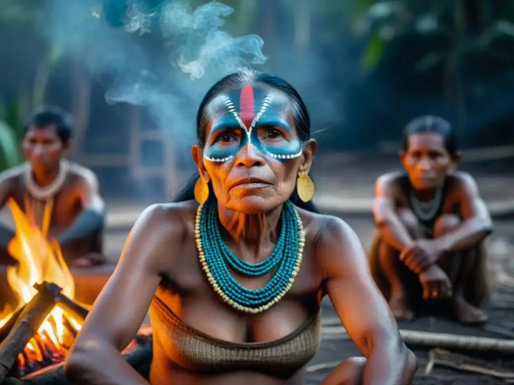 Una anciana indígena amazónica, rodeada de niños, narra historias junto al fuego en la selva