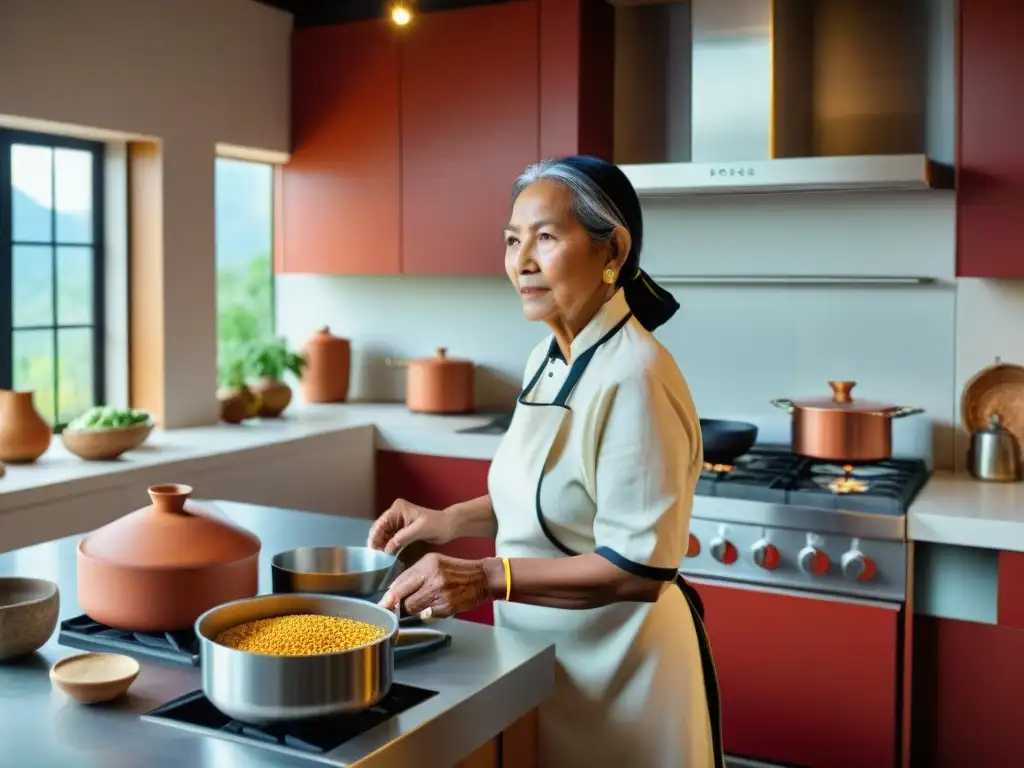 Una anciana indígena viste ropa tradicional vibrante en una cocina moderna, fusionando técnicas culinarias indígenas con modernas