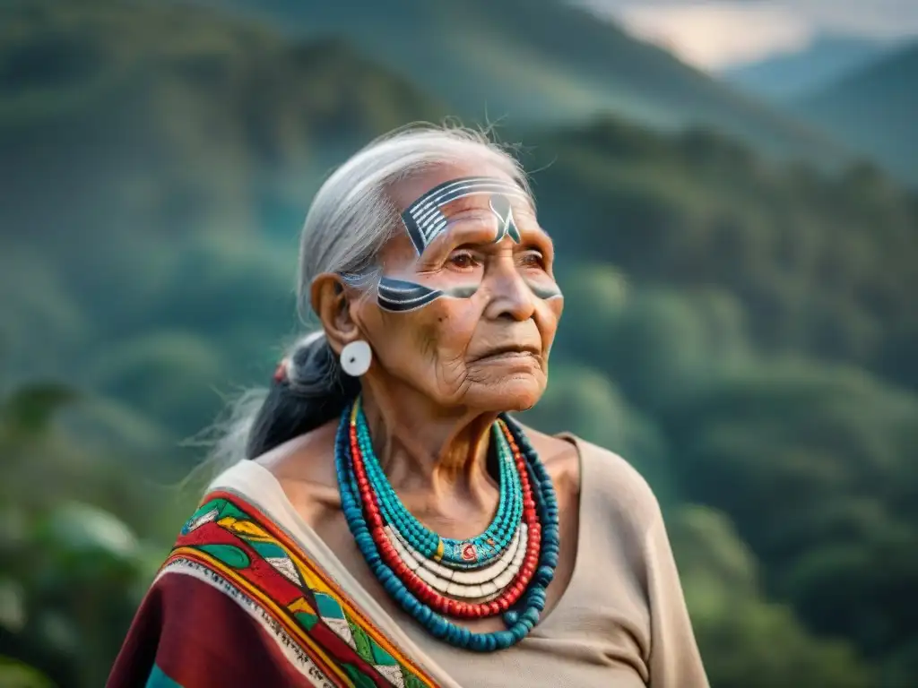 Una anciana indígena, con rostro marcado por la sabiduría, sostiene un tapiz mientras mira al horizonte en un bosque exuberante