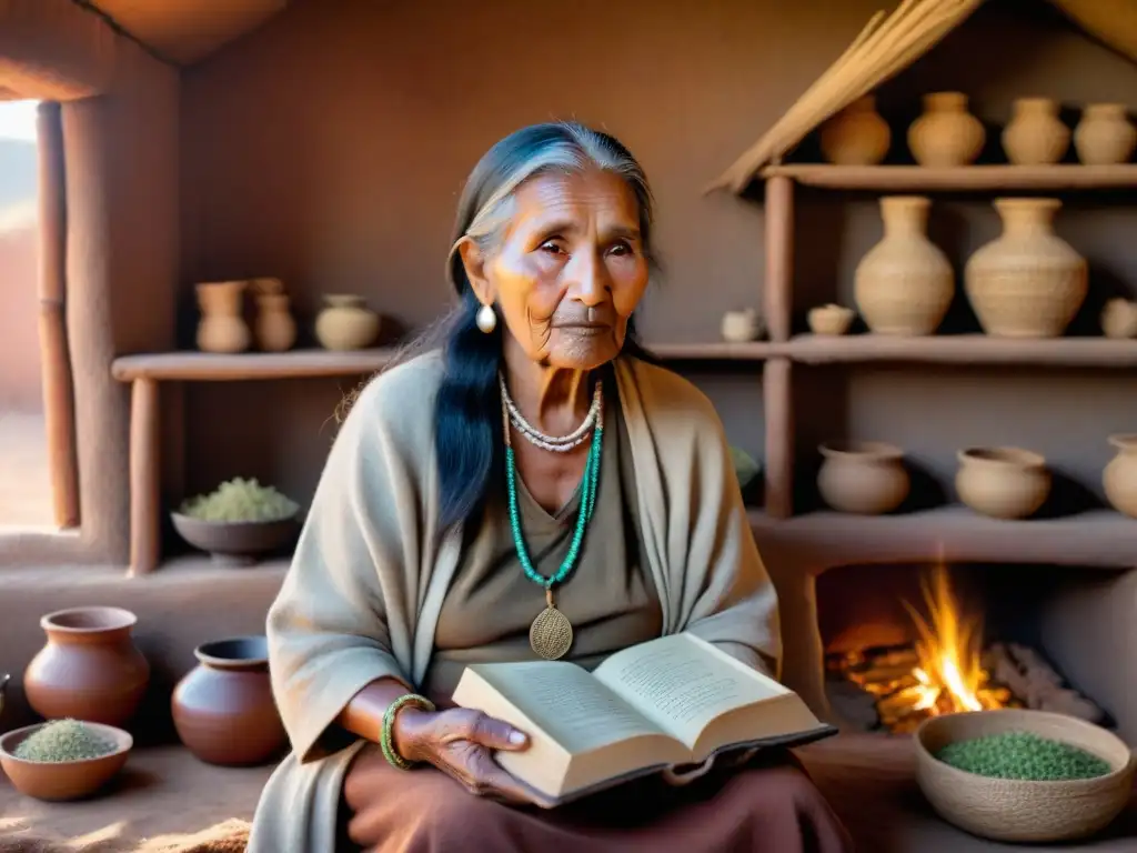 Una anciana indígena, sabia y serena, sentada junto al fuego en una choza de adobe, rodeada de hierbas y un libro de remedios tradicionales