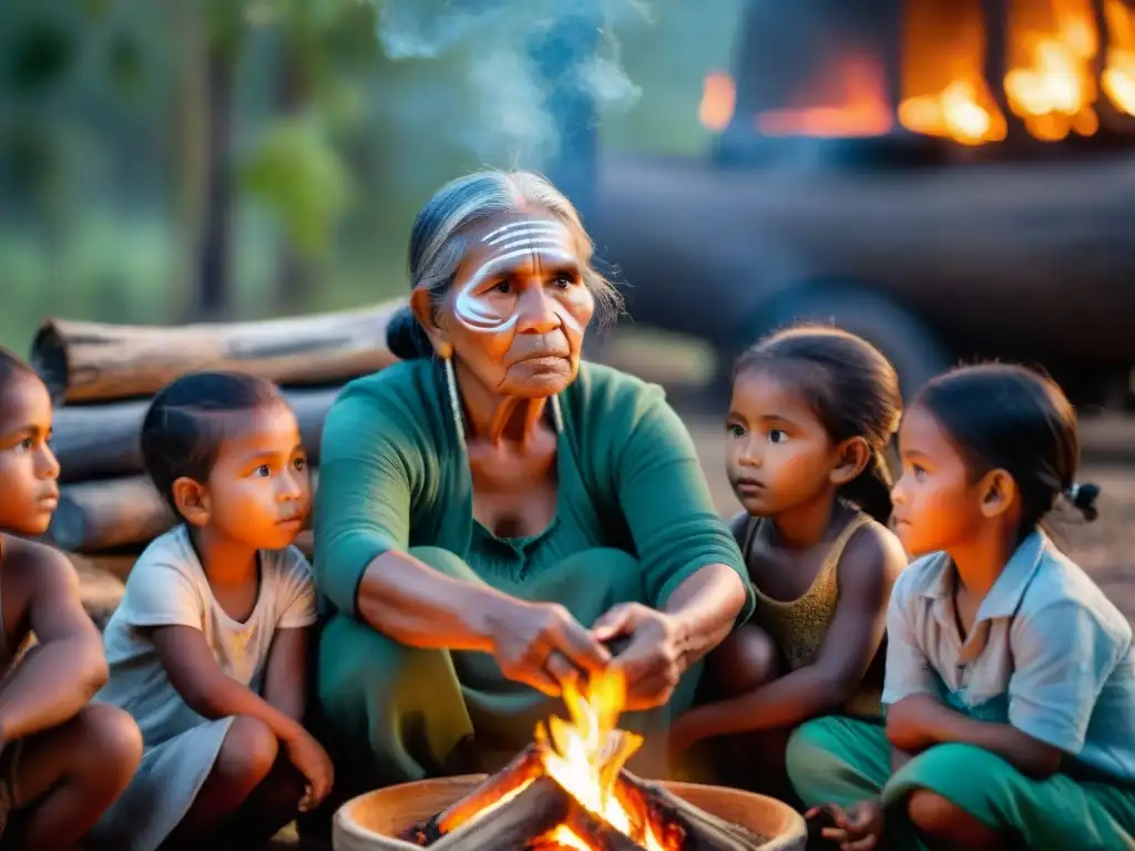 Anciana indígena comparte sabiduría ancestral con niños alrededor de fogata en la selva