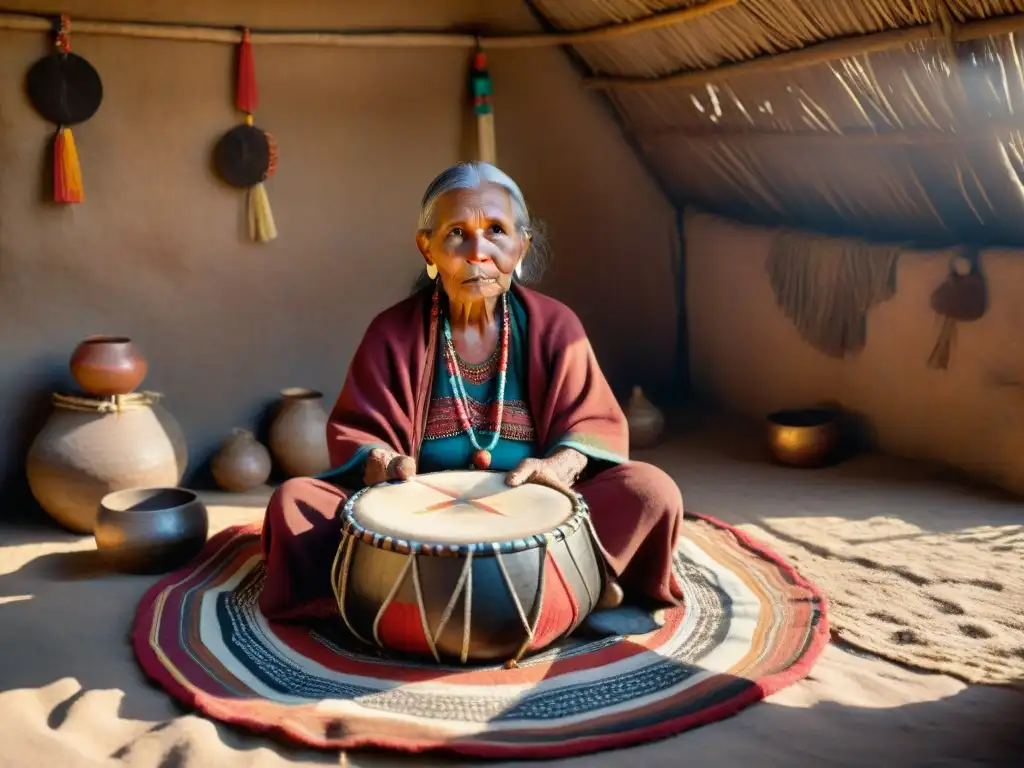 Una anciana indígena comparte sabiduría ancestral a niños en una choza iluminada