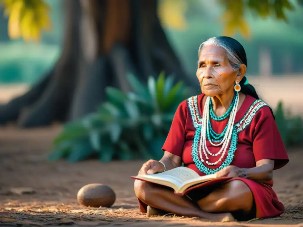 Una anciana indígena comparte sabiduría ancestral con niños curiosos, bajo un árbol