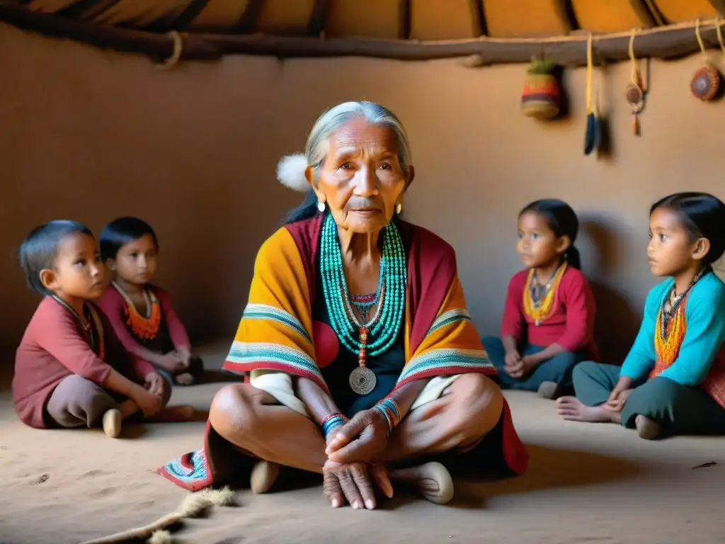 Una anciana indígena comparte sabiduría ancestral con niños, en un hogar tradicional iluminado por la luz de una fogata