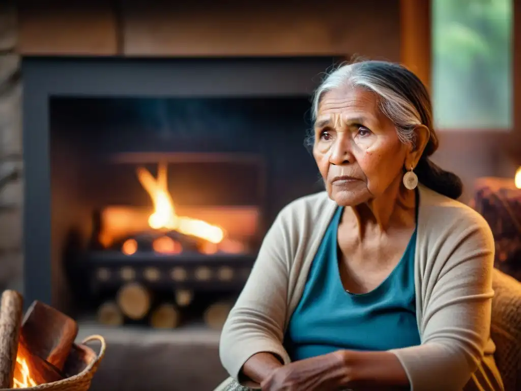 Una anciana indígena comparte sabiduría ancestral con jóvenes en una atmósfera de conexión intergeneracional y tradición