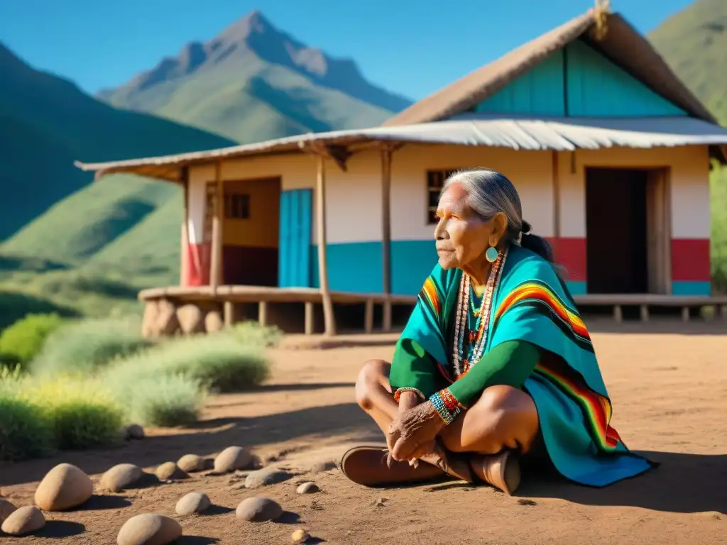 Una anciana indígena comparte sabiduría ancestral con niños cerca de una choza de adobe