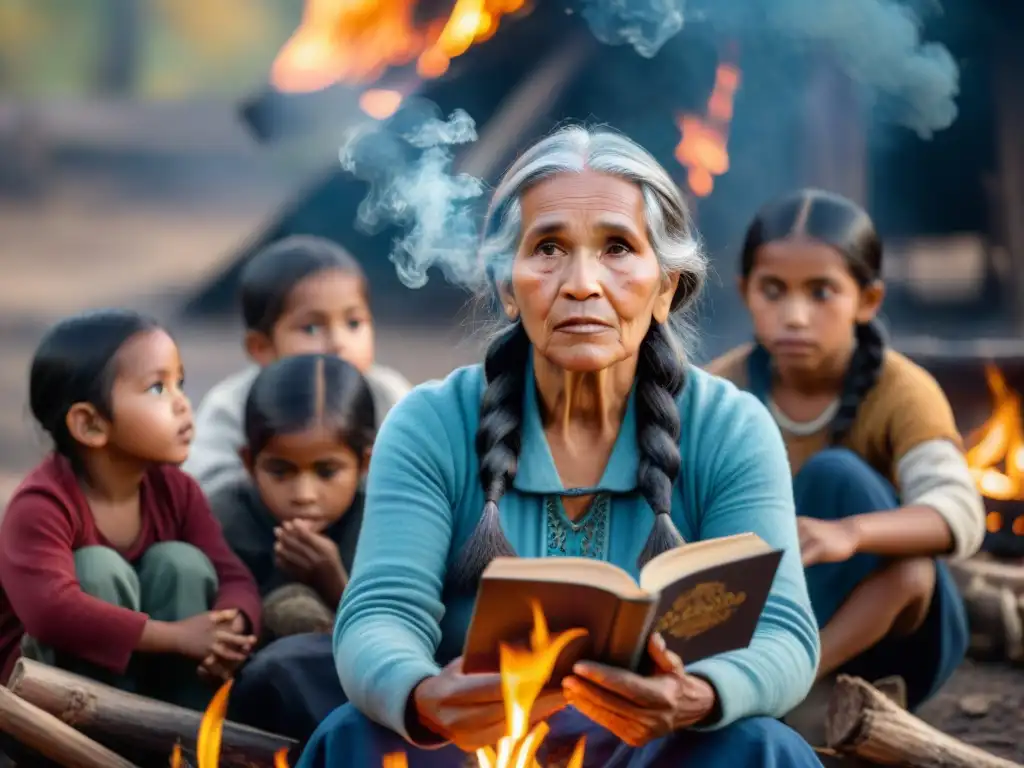 Anciana indígena comparte sabiduría ancestral junto a niños, en círculo alrededor del fuego, en una selva