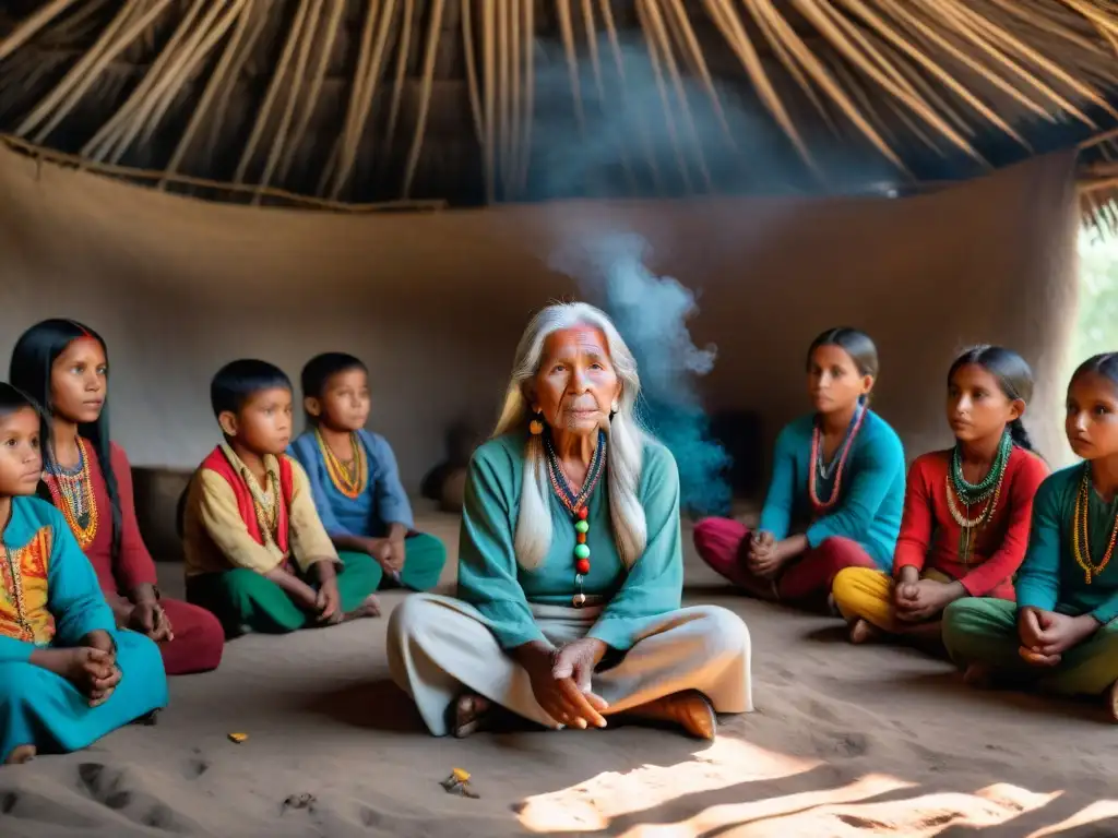 Una anciana indígena comparte sabiduría ancestral a niños en una choza iluminada por fuego