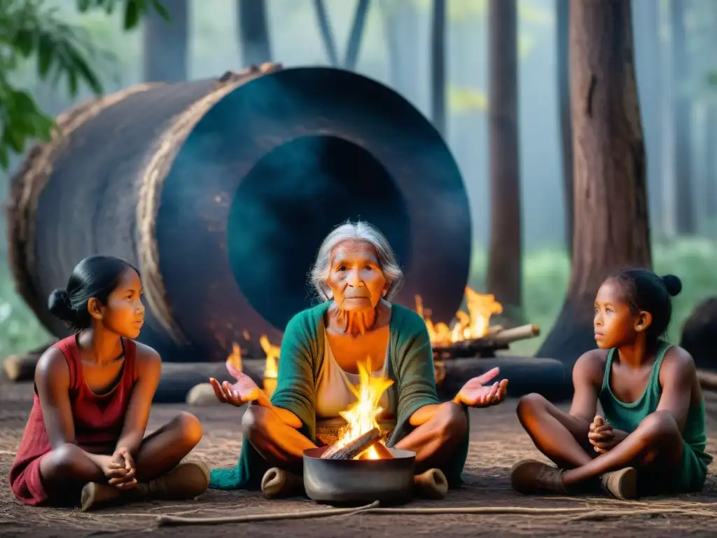 Anciana indígena comparte sabiduría ancestral junto a niños fascinados alrededor del fuego en la selva