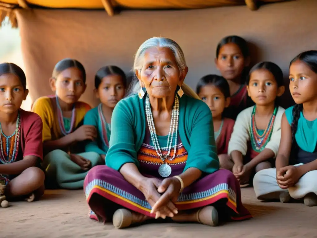 Una anciana indígena comparte sabiduría ancestral con niños en una choza iluminada, resaltando la importancia de ancianos en educación indígena