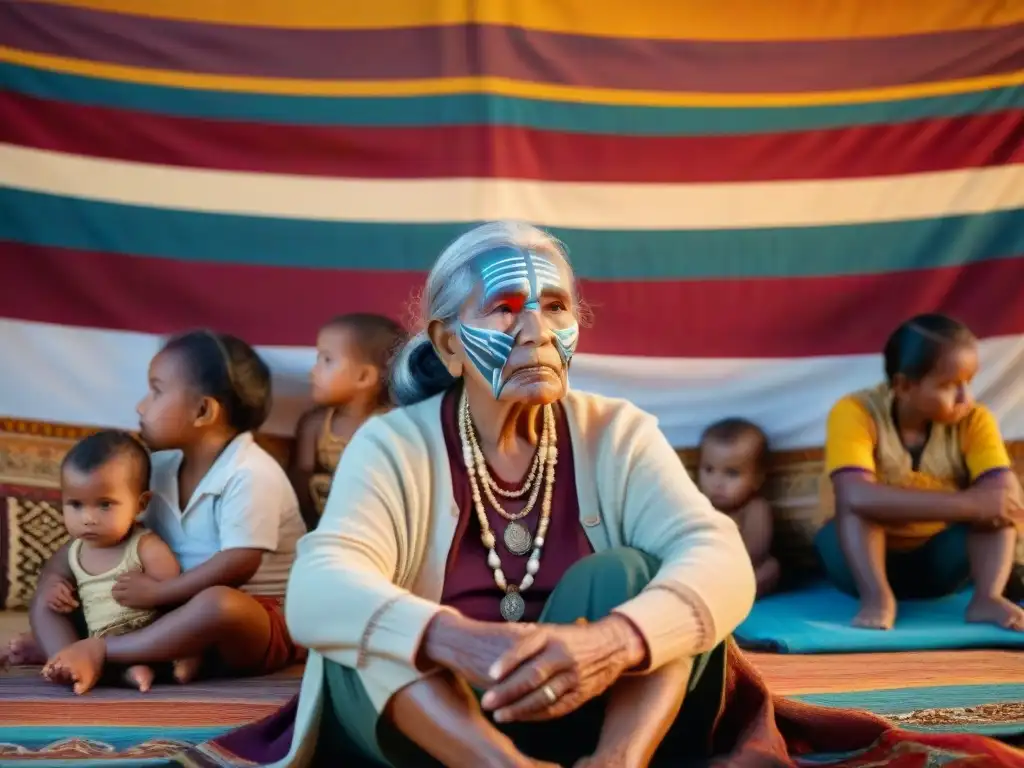 Anciana indígena comparte sabiduría ancestral a niños frente a un tapiz vibrante