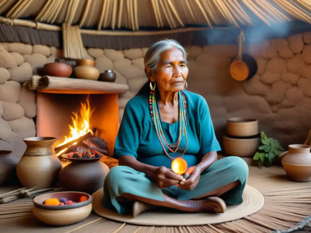 Una anciana indígena teje con sabiduría en su cabaña, transformando la tela con colores vibrantes y conectando con la naturaleza