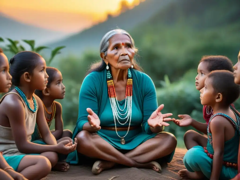 Anciana indígena comparte sabiduría espiritual con niños en círculo al atardecer