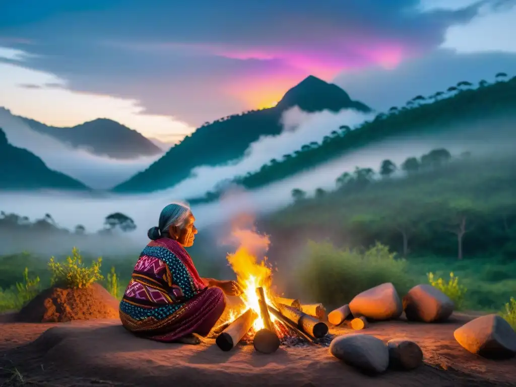 Una anciana indígena teje con sabiduría y tradición cerca del fuego en la noche estrellada, mostrando la artesanía indígena