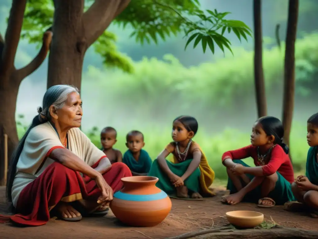 Una anciana indígena comparte sabiduría con niños bajo un árbol