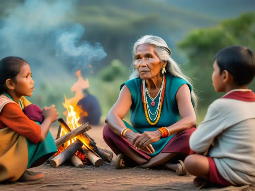 Una anciana indígena comparte sabiduría con niños en una aldea remota, destacando la educación bilingüe para preservar identidad cultural