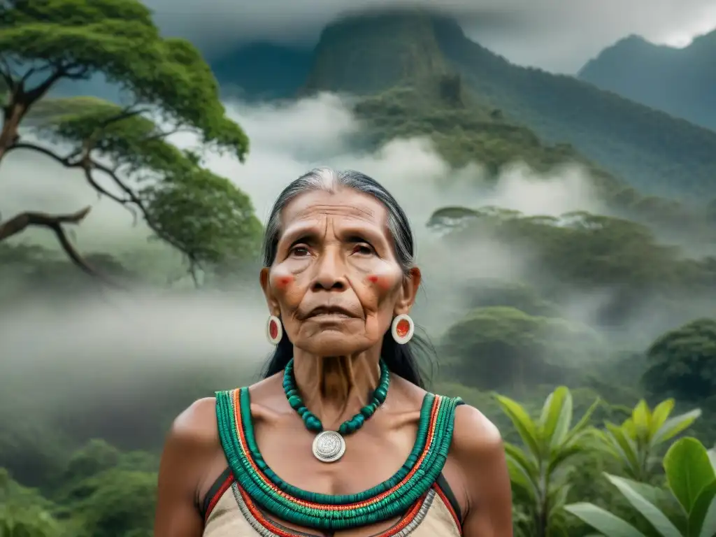 Anciana indígena defiende lo sagrado en bosque ancestral, mirada llena de determinación y tristeza