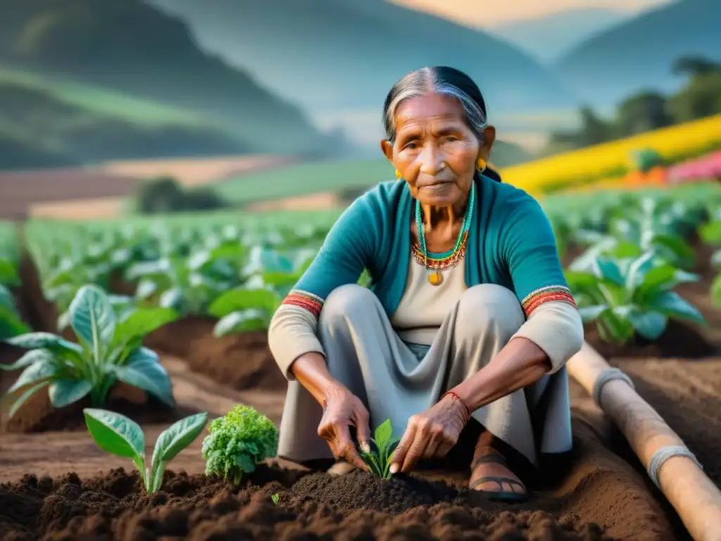 Una anciana indígena siembra semillas en un suelo fértil, rodeada de cultivos vibrantes y un paisaje exuberante