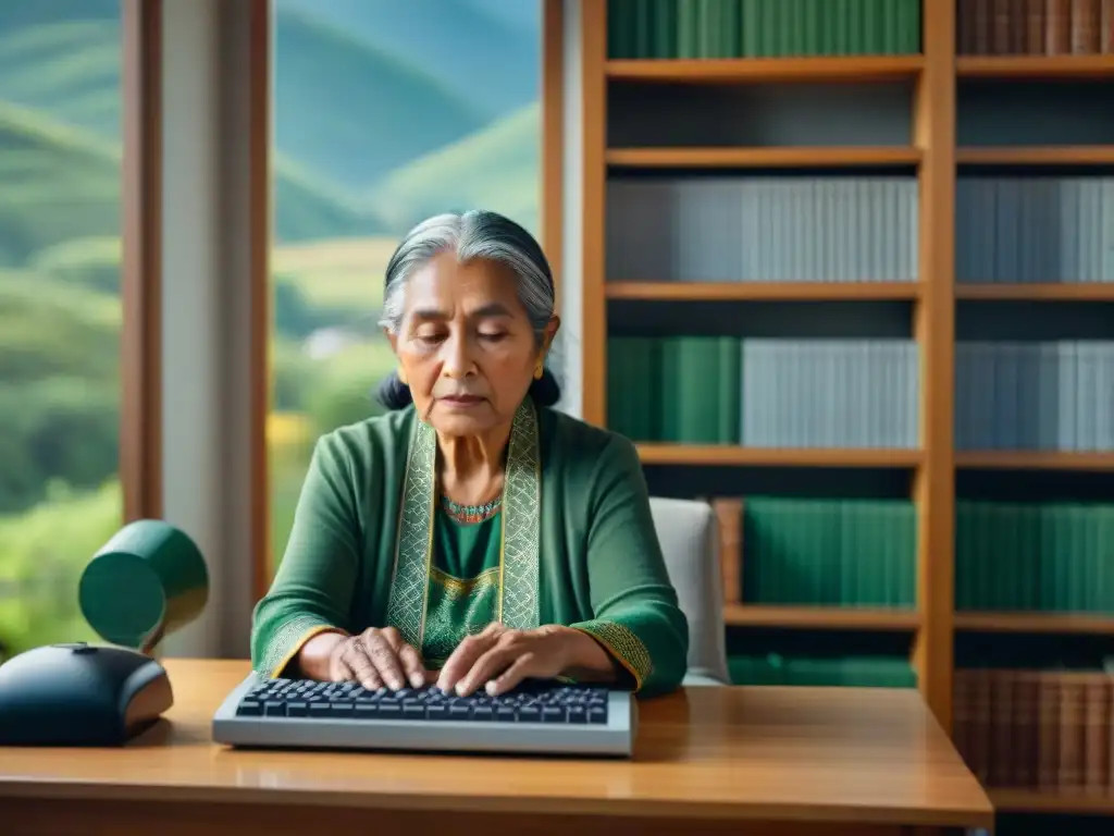 Anciana indígena usando software inclusivo para idiomas indígenas, rodeada de libros y naturaleza