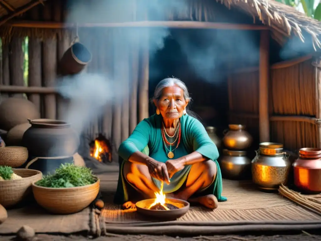 Una anciana indígena preparando suplementos naturales con sabiduría ancestral en una cabaña iluminada